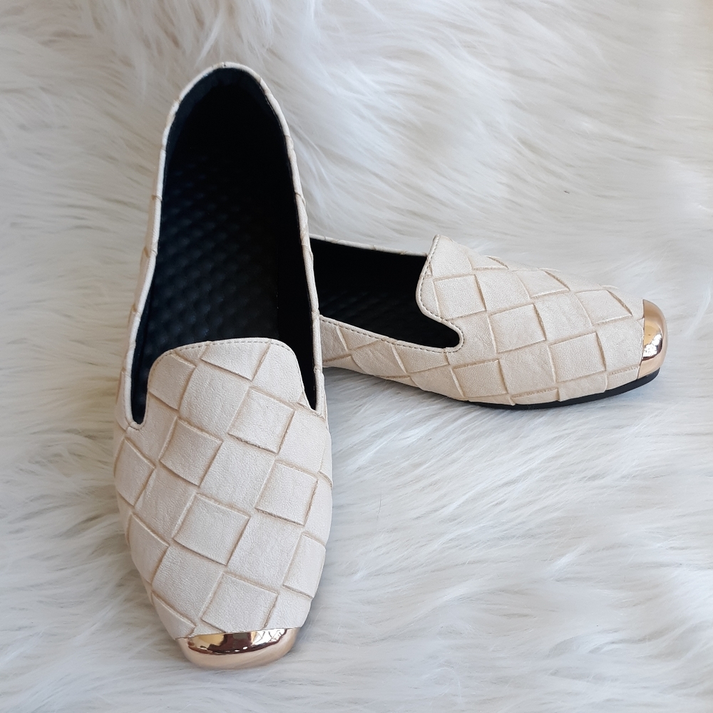Beige Woven Leather Gold Cap Toe Flat Loafers Tan